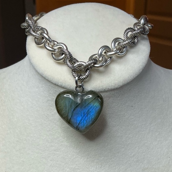 Jewelry - Antique Silver Bracelet with Super Flashy Labradorite Heart Charm